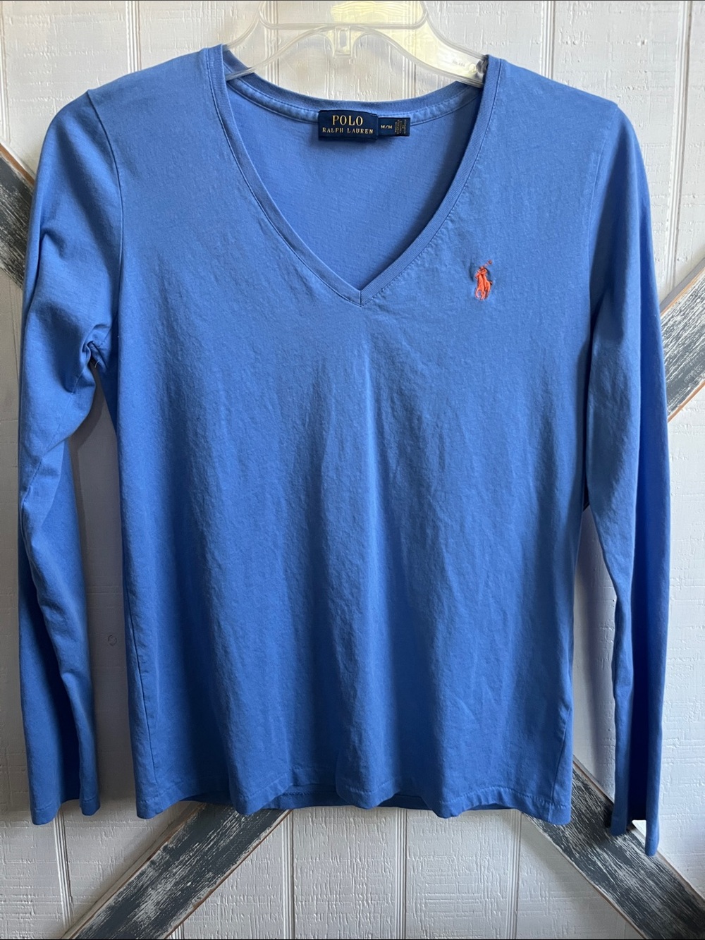 Polo by Ralph Lauren Blue V-Neck Long Sleeve Tee with Orange Pony
